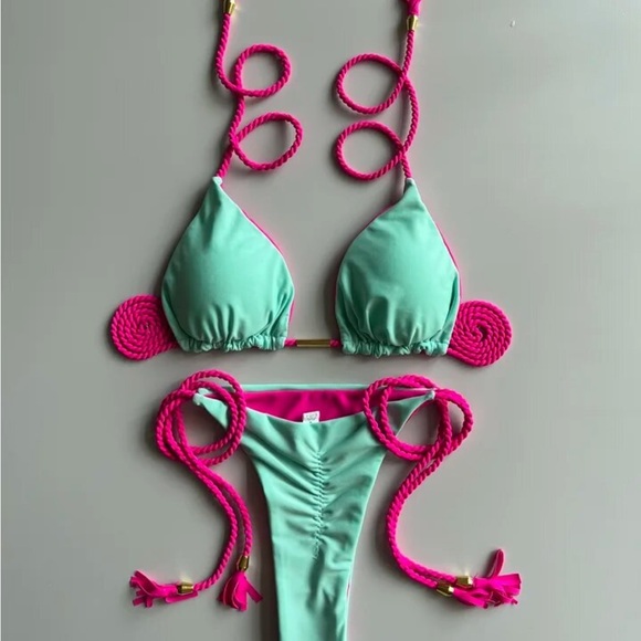 AQUA AND HOT PINK MICRO BIKINI-TIE SIDE BOTTOMS - Picture 3 of 7
